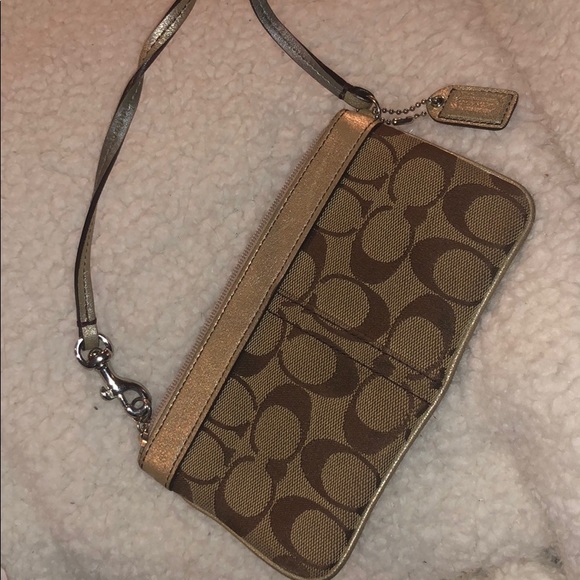 Gold & Bead Trim Coach Signature Jacquard Wristlet - Picture 2 of 5